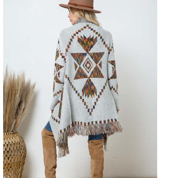 NEW Open Drape Knit Geo Pattern Blanket Cardigan With Fringe - Picture 6 of 10